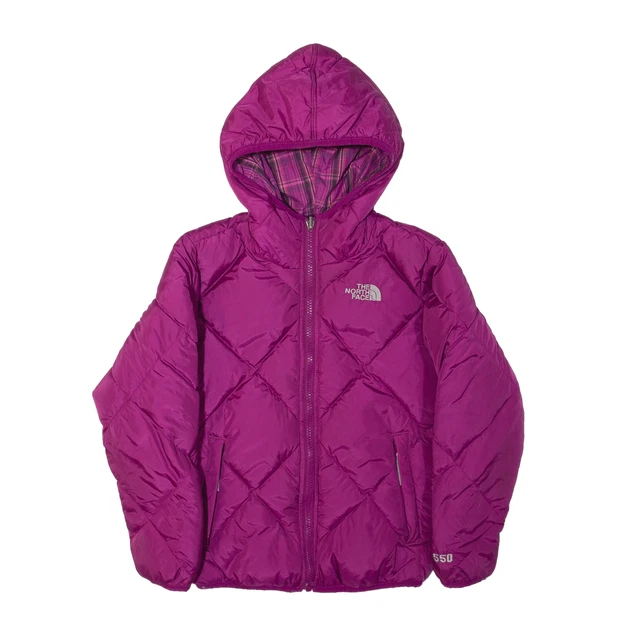 THE NORTH FACE Reversible 550 Plaid Puffer Jacket Pink Nylon Girls 7-8 Years