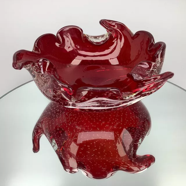 Heavy Vintage Murano Art Glass Bowl Dish Red Bullicante