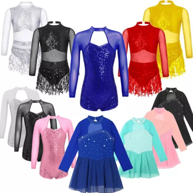Costume tute a maniche lunghe balletto bambine ginnastica body paillettes danza maniche lunghe