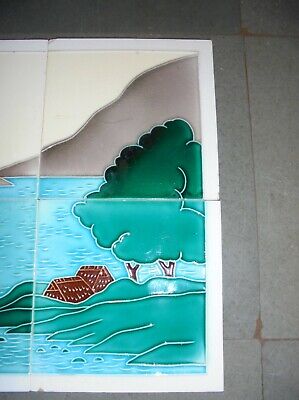 4 Pc Vintage Natural Lake Scenery Design T.S Trademark Ceramic Tiles,Japan 3