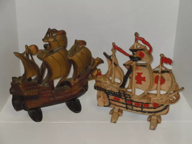 Vintage Lot Of (2) Nautical Galleon Ship Clipper Cast Iron Doorstops Dated 1930