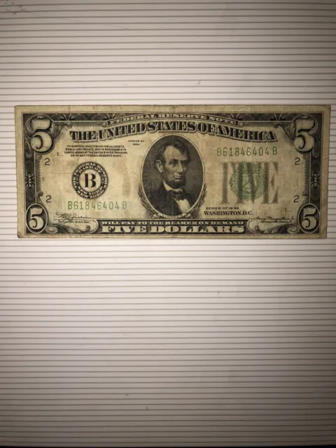 1934 $5 Five Dollar Bill-Federal Reserve Note New York Green Seal MULE