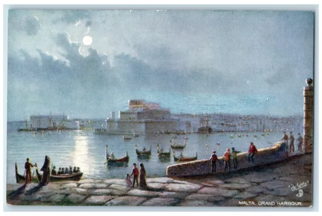 c1910 Boats Sailing at Moonlight Malta Grand Harbour Oilette Art Tuck Postcard