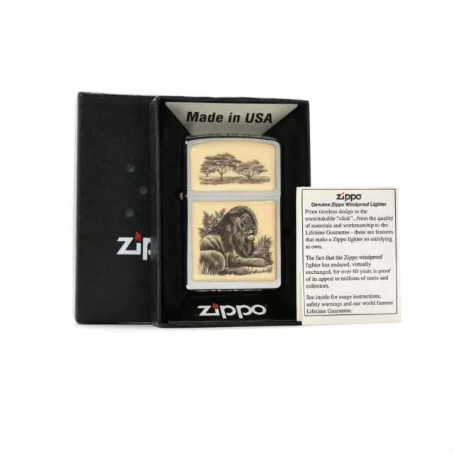 Scrimshaw Lion / Savanna (Linda Layden) Zippo Mint with Seal Boxed (2003)