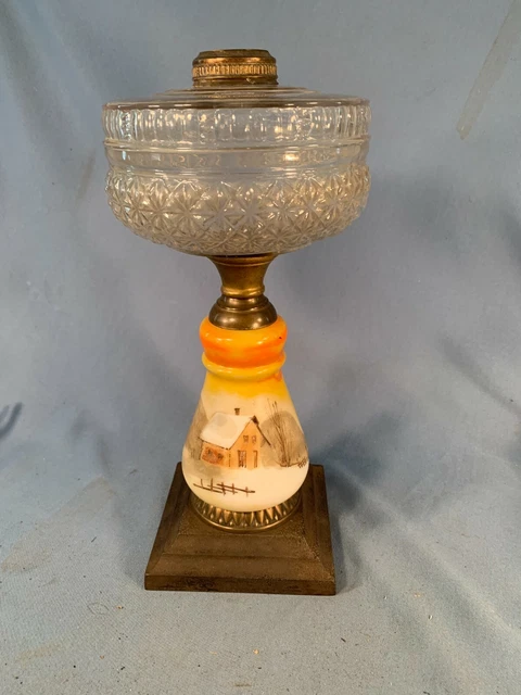 Victorian Composition Oil Lamp with Floral Milk Glass Stem & Iron Foot c1880s