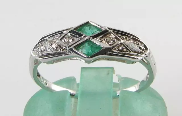 Divine 9K 9Ct White Gold Emerald Diamond Art Deco Ins Eternity Ring Free Resize