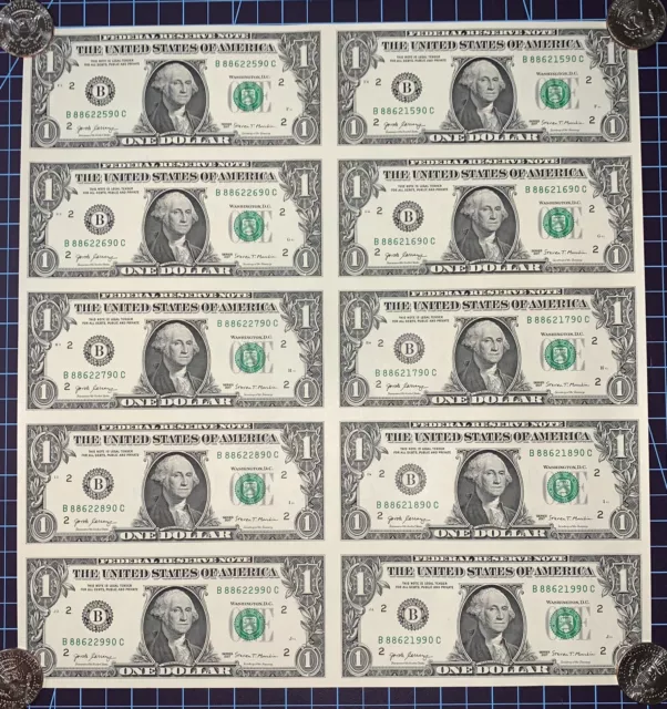 Sheet of Ten (10) - $1 One Dollar Bills - Uncut Currency - Series 2017 - NY Bank