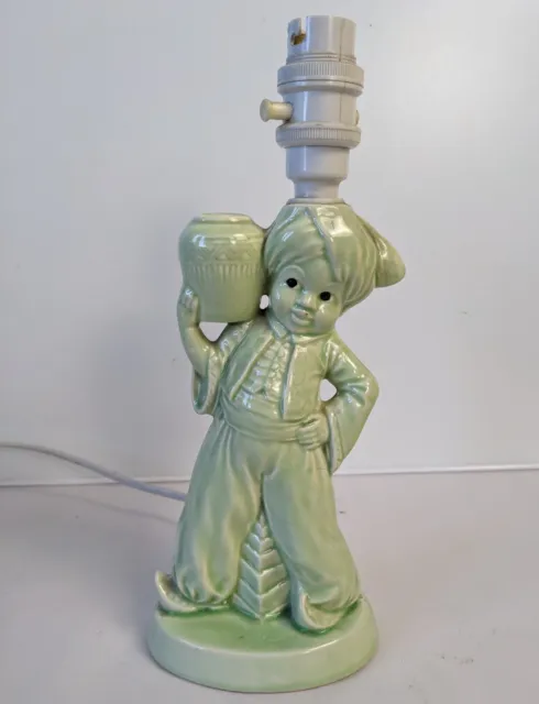 Vintage Art Deco Table Lamp Green Glazed Ceramics Arabian Boy Figure Sculpture