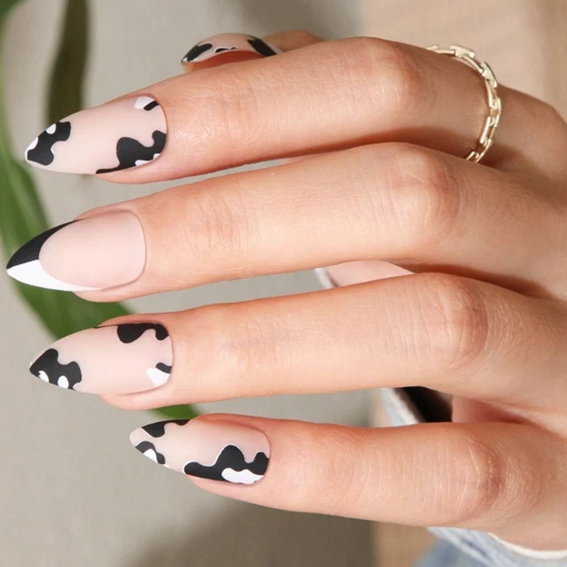 Usted en uñas vaca leopardo impresión almendra uñas falsas francés largo