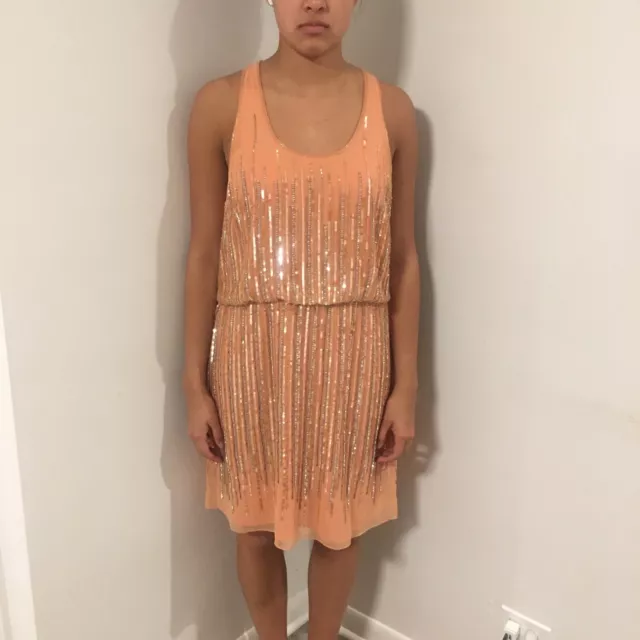 ADRIANNA PAPELL EVENING Coral Peach Sequins Beaded Short Racerback Tank Dress 6