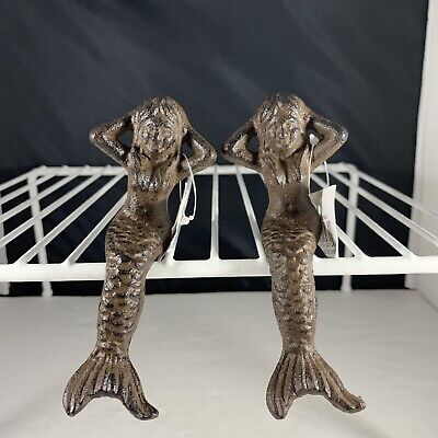 Lot Of 2 Cast Iron Nautical Repro Shelf Sitter Sitting Mermaid Figurine Rust