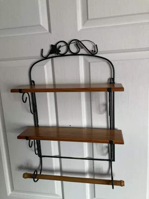 Green Metal And Wood Kitchen Wall Shelves With Roll Holder Vintage Shabby Chic