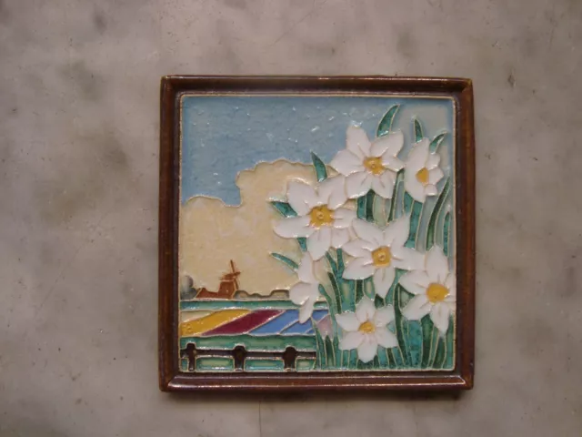 Royal Delft Cloisonne tile  ,flowers,tulipfields,windmill, porceleyne fles 1940