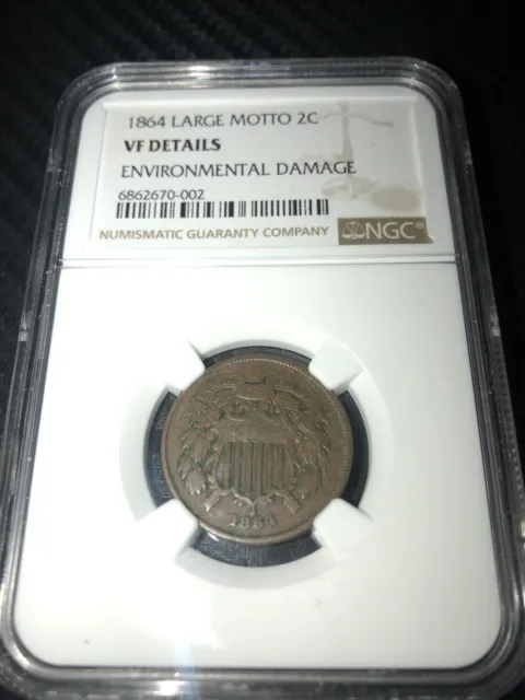 NGC GRADED - 1864 2 Cent Coin (LARGE MOTTO 2C / VF DETAILS)