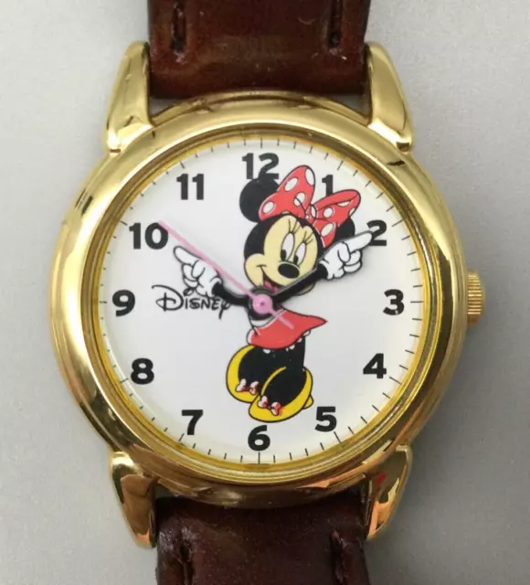 Disney Minnie Mouse Watch Women 26mm Gold Tone Brown Band New Battery a2