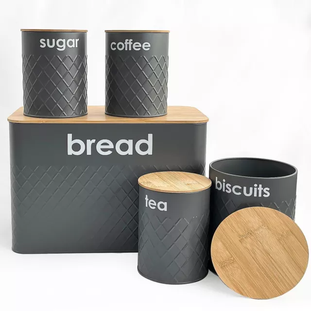 5pc Gray Bread Bin Canister Set Kitchen Loaf Storage Box + Airtight Bamboo Lid