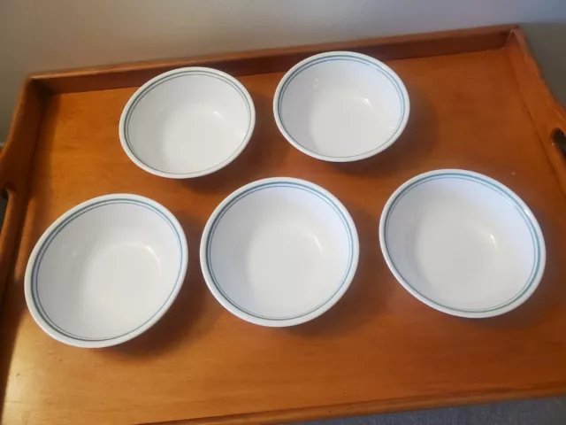 SET OF 5 Corelle COUNTRY COTTAGE 6 1/4" Soup / Cereal Bowls Blue and Green Rim