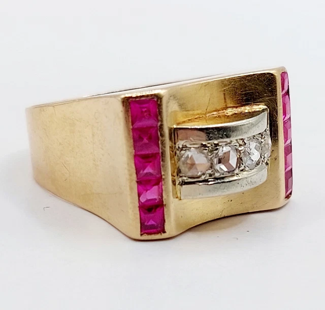 Bague Ancienne Toi Et Moi Or Rose 18k – Avec Diamant Et Rubis, Taille 55, Vintage Française