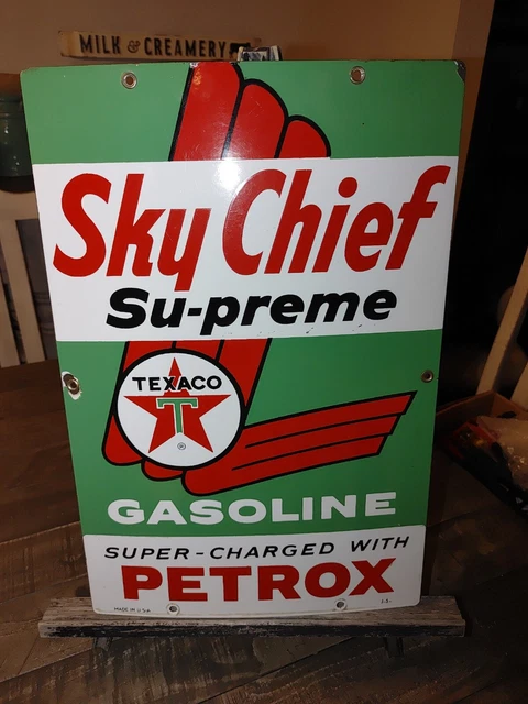 1950s TEXACO Sky Chief Supreme Gasoline Porcelain Gas Pump Plate
