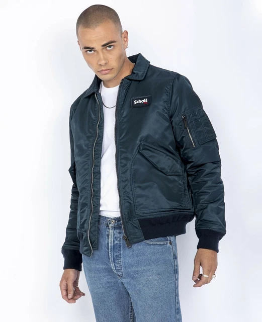 Schott nylon badge bomber clearance jacket slim fit in green