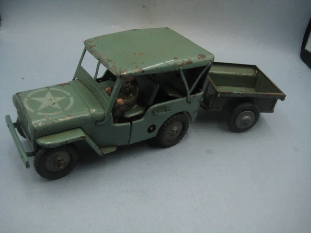 JRD 1950 Jouet Ancien Mécanique en Tole US Jeep Willys + Remorque