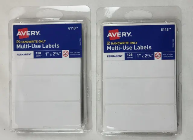 2 Pack Avery Multi-Use Permanent Labels 6113, 1" x 2-3/4" 128 CT 256 Total