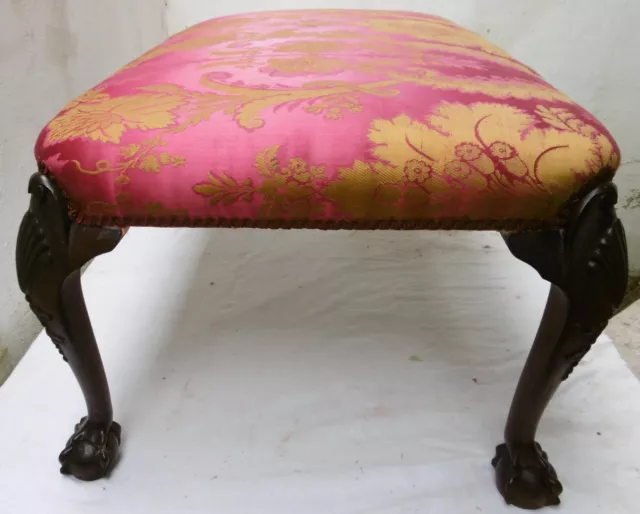 Large Edwardian Mahogany Cabriole Leg Upholstered Stool covered in Silk Damask. 3