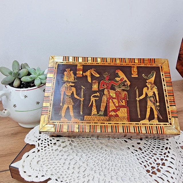 Petite Boîte à Bijoux Ancienne Style égyptien - Bois Marqueté Avec Incrustations De Nacre Et D'os
