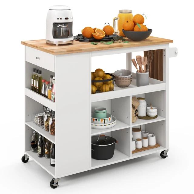 KITCHEN ISLAND TROLLEY Cart on Wheels with Storage Open Shelves