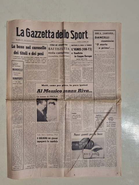 Gazette Dello Sport 26 March 1970 Mariage Paola Pigni