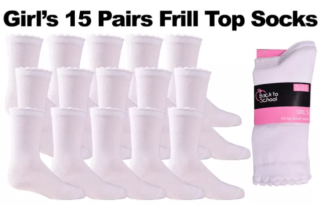 Girls Socks 15 Pairs White Ankle Frill Edge Childrens Kids Cotton School Socks