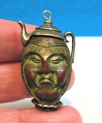 Old Sterling Silver Chinese Hediao Nut Ojime Carved Head Tea Pot Charm Pendant