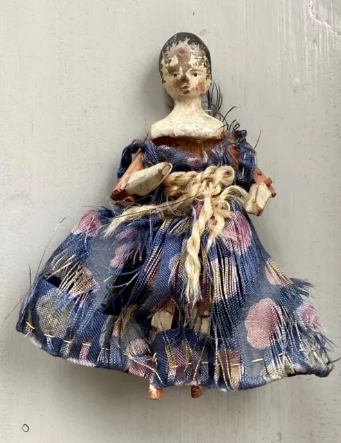 Antique Grodnertal Carved Wood Miniature Doll 3 3/4 inches