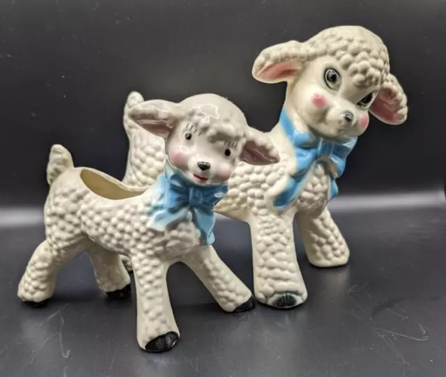 Vintage Pair Sheep Lamb Ceramic Animal Planter 1950-1960's Nursery Baby Shower
