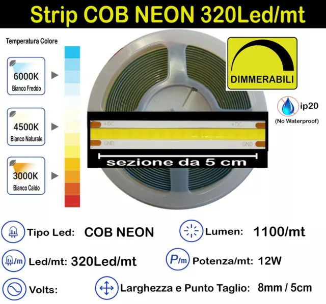 STRISCIA LED COB STRIP 12v 24v 5-10-15mt BOBINA LUCE DIMMERABILE 12Volt / 24Volt