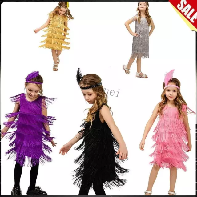 Girls Flapper 1920s Charleston Chicago Gatsby Fringe Kids Fancy Dress Up Costume