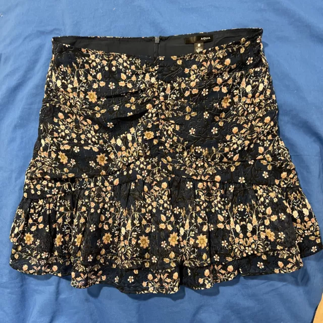 Women's Mini Skirt Black Floral W Metallic Accent Zip Back AQUA Tiered Ruffle