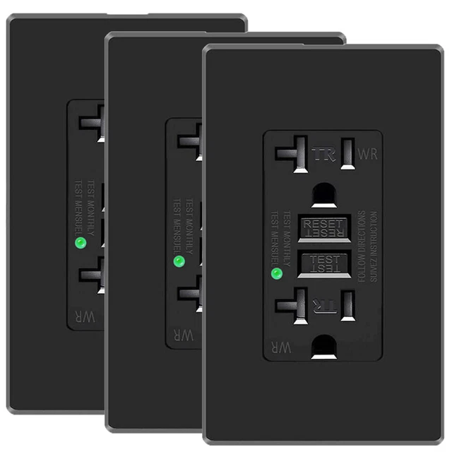 GFCI Outlet 20Amp Tamper Resistant Weather Resistant Receptacle w/Plate Black ×3