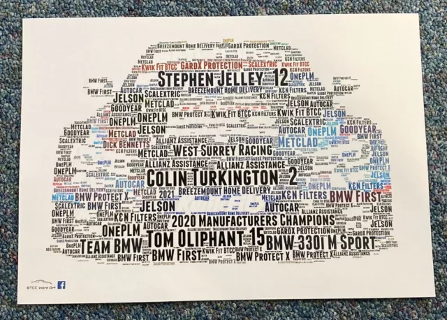 2021 BTCC Team BMW Turkington Jelley Oliphant 330i M-Sport Word Art ~ A4 Poster