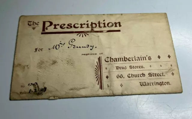 Antique Prescription Envelope Chamberlains Chemist Warrington To Mrs Grundy