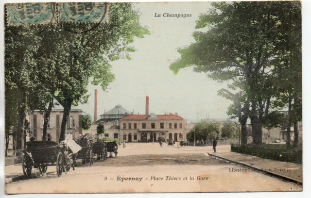 EPERNAY - Marne - CPA 51 - Train Station - in front of the station 9 Attelages place Thiers