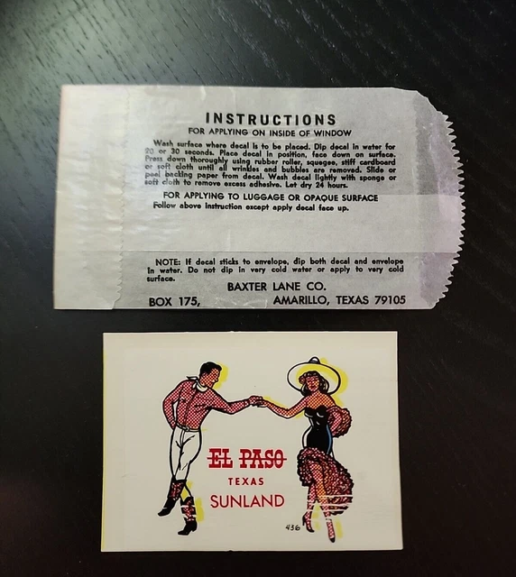 BAXTER LANE CO El Paso Texas SunLand VTG Travel Luggage Water Decal