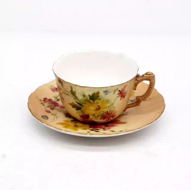 ROYAL WORCESTER Antique 1904 Tea Cup & Saucer Hand Painted Blush Ivory Flowers