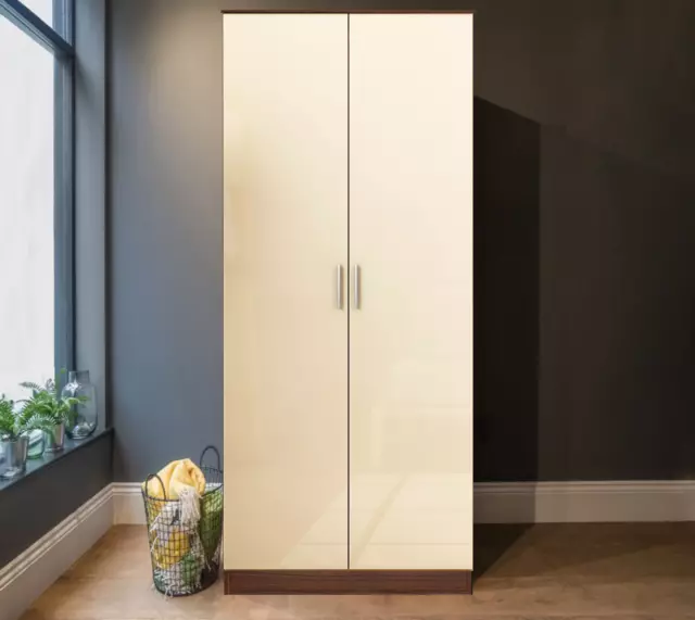 New REFLECT High Gloss 2 Door Soft Close Wardrobe Bedroom Cream / Walnut