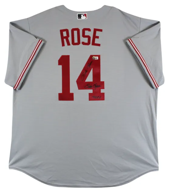Reds Pete Rose "4256" 2x Signed Grey Majestic Cool Base Jersey BAS Wit #W107956