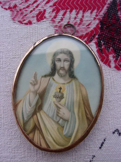 💐 petit cadre ancien 💐 décor LE CHRIST avec COEUR DE MARIE 💐 ex-voto