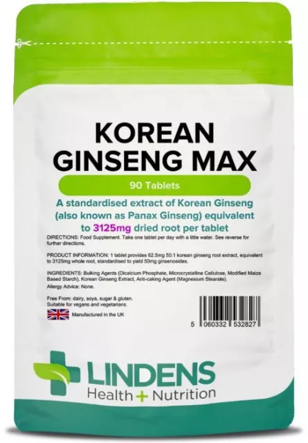 Koreanischer Ginseng Max 3125 mg 90 Tabletten für Männer Libido Boost sexuelle Gesundheit Lindens