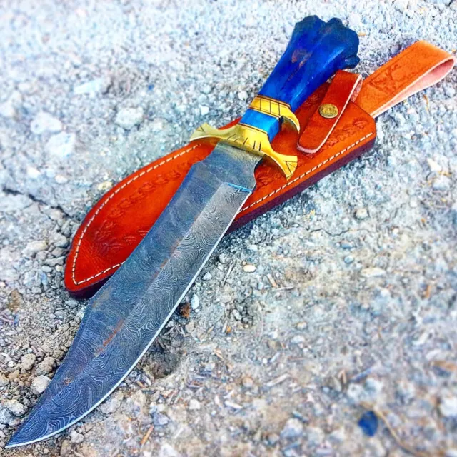 15" Damascus Steel Custom Hand Made Hunting Knife Blue Handle Sheath