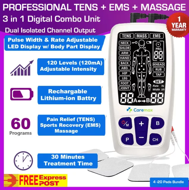 TENS Machine EMS 3 in 1 Combo Unit Pain Relief Massager LED w/Extra Pad Bundles