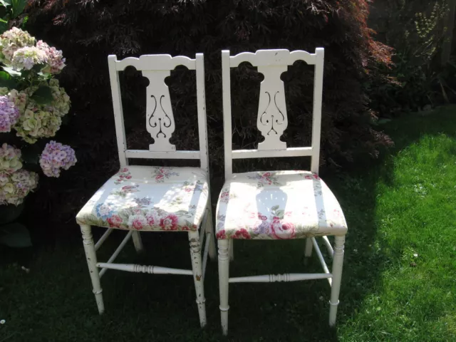 Pair Two distressed Antique lyre back French country bedroom chairs